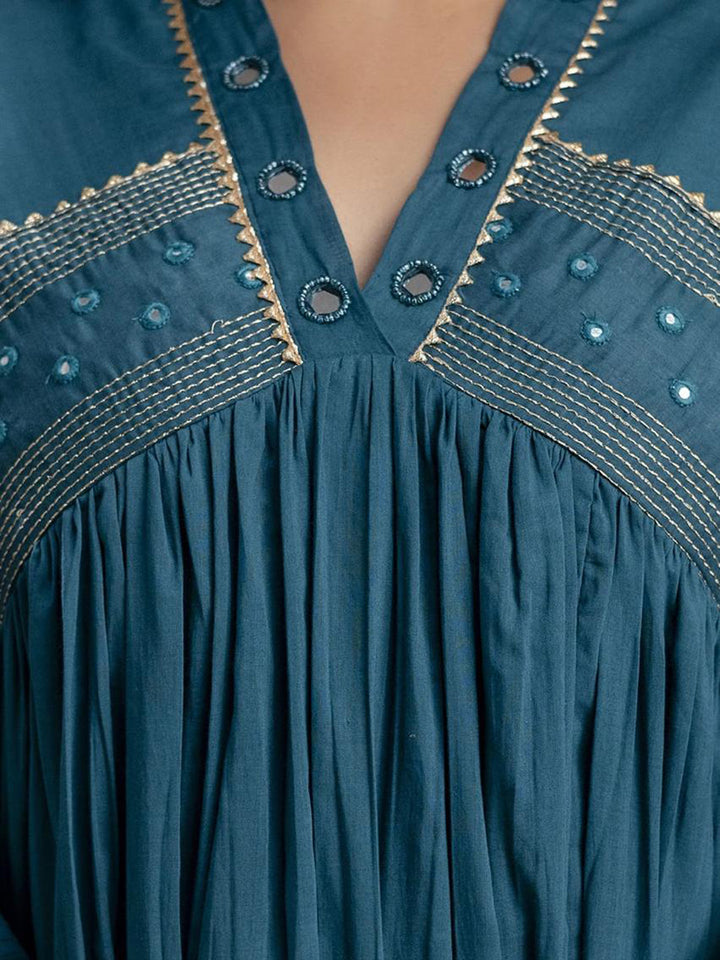 Blue Cotton Blend Embroidered Straight Suit Set
