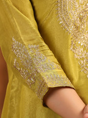 Neck Zari Embroidery Tissue Kurta With Pants & Dupatta