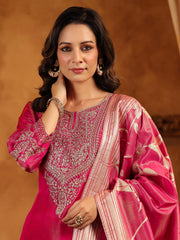 Neck Zari Embroidery Tissue Kurta With Pants & Dupatta