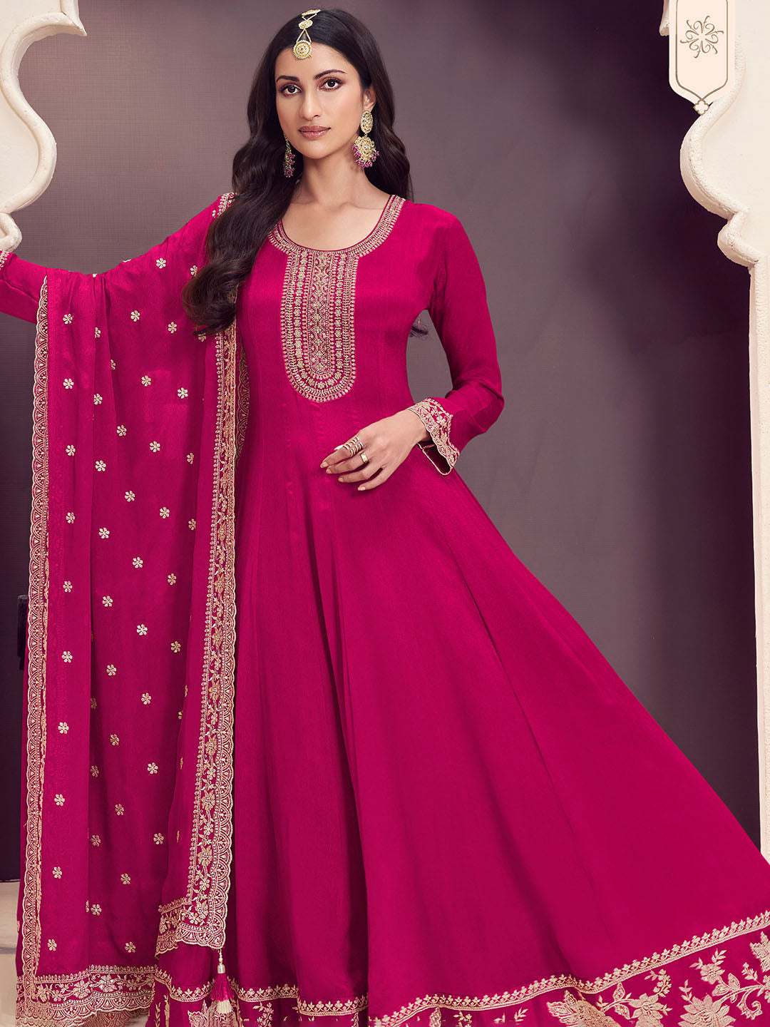 Embroidered Chinon Unstitched Suit With Pant &amp; Dupatta