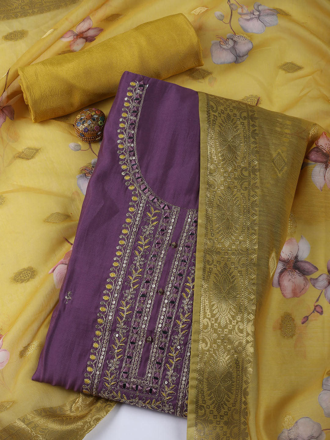 Neck Embroidery Chanderi Unstitched Suit With Dupatta