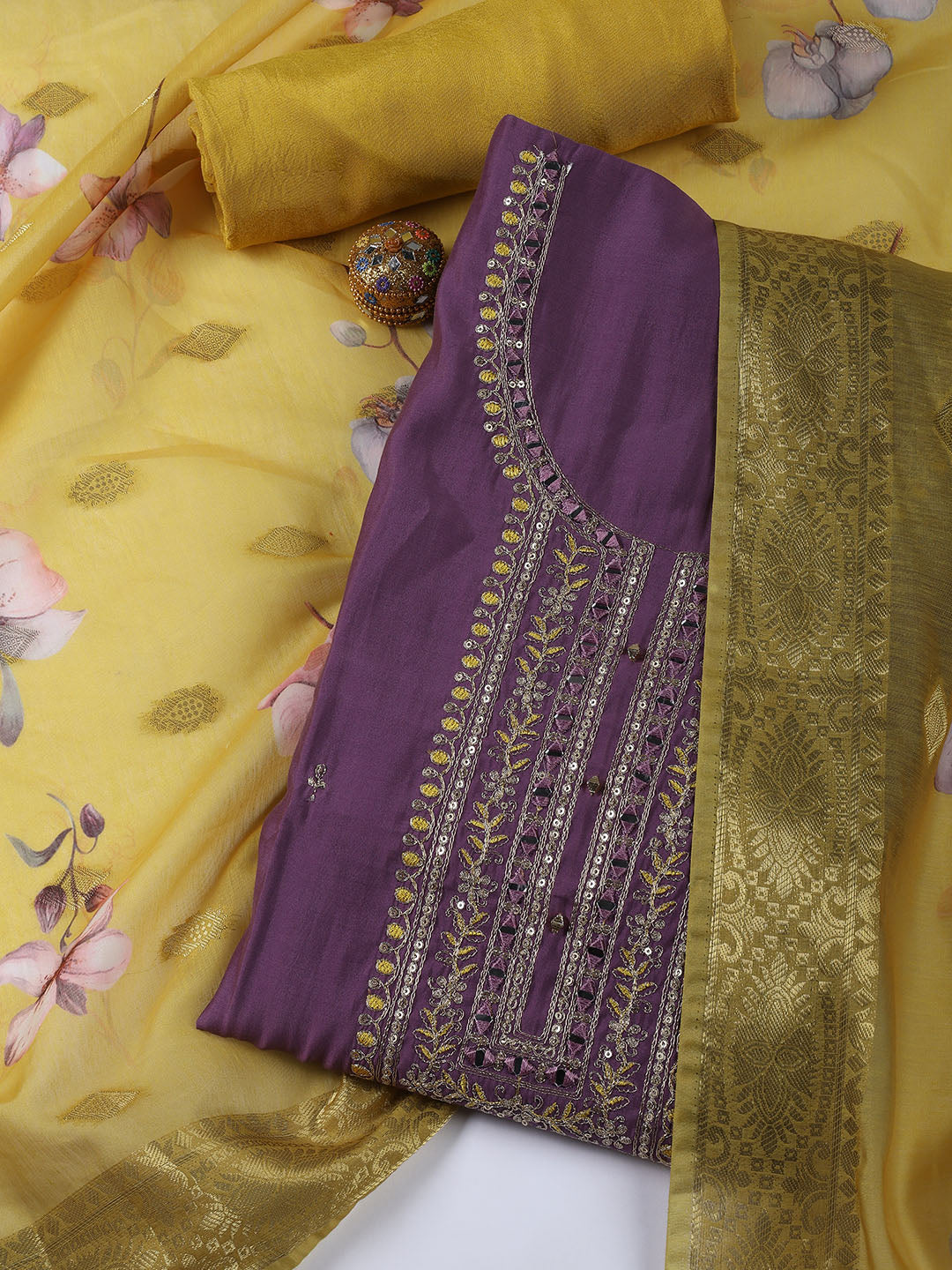 Neck Embroidery Chanderi Unstitched Suit With Dupatta