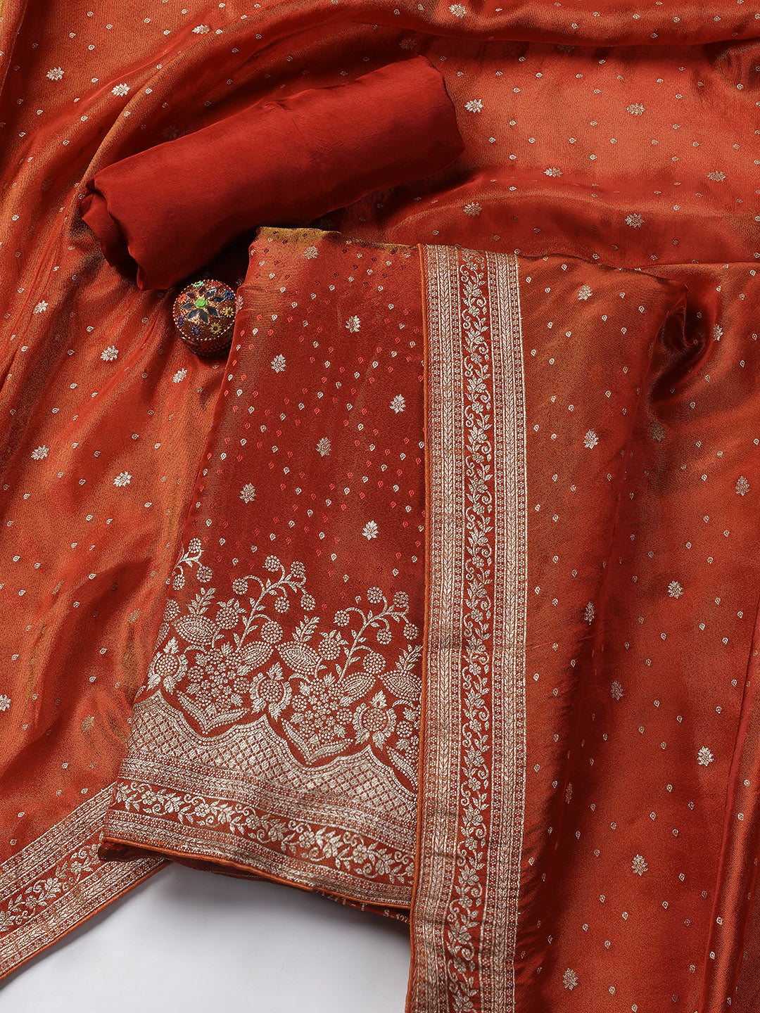 Embroidered Art Silk Unstitched Suit Piece With Dupatta