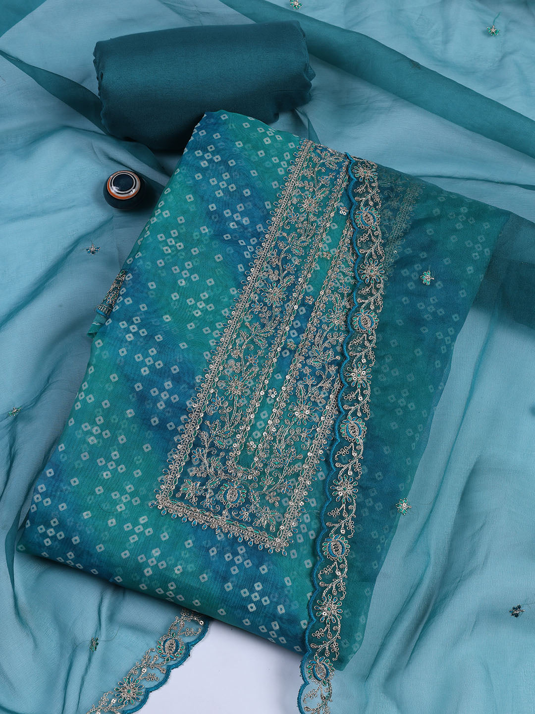 Neck Embroidered Organza Unstitched Suit With Dupatta