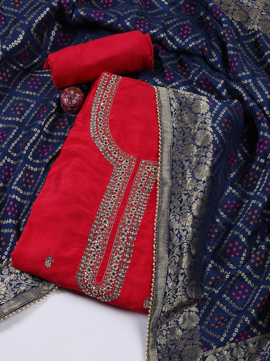 Neck Embroidered Chanderi Unstitched Suit Piece With Dupatta