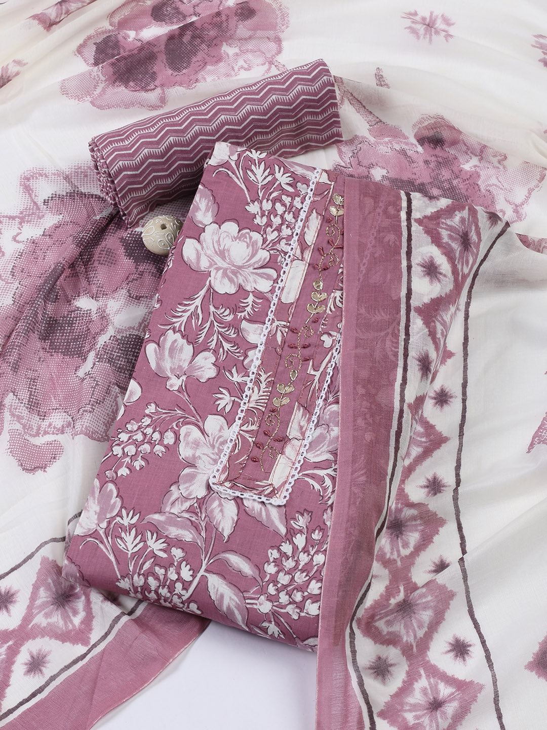Neck Patti Cotton Blend Unstitched Suit With Dupatta