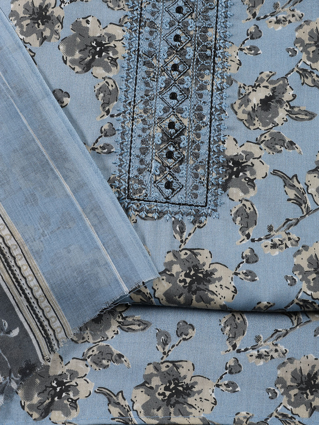 Neck Patti Cotton Blend Unstitched Suit With Dupatta