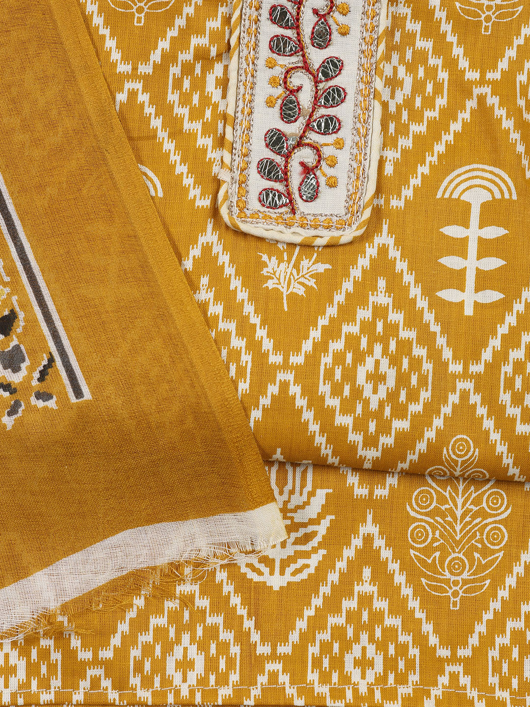 Neck Patti Cotton Blend Unstitched Suit With Dupatta
