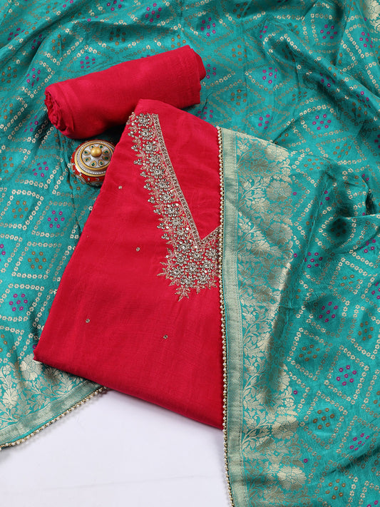 Neck Embroidered Chanderi Unstitched Suit Piece With Dupatta