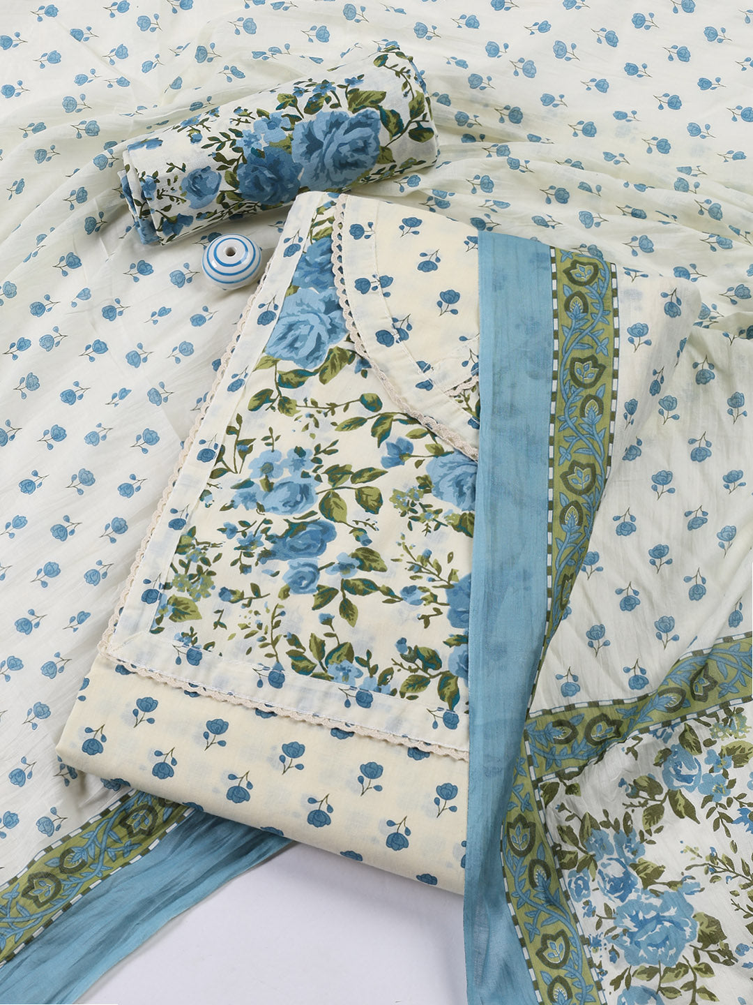 Printed Cotton Blend Unstitched Suit With Dupatta