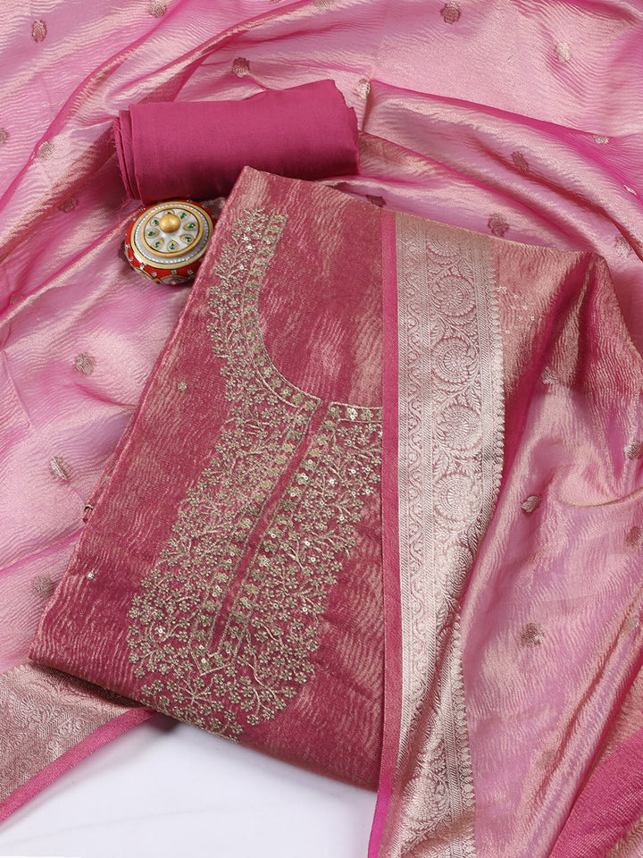 Neck Embroidered Tissue Unstitched Suit Piece With Dupatta