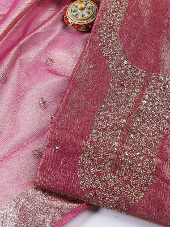 Neck Embroidered Tissue Unstitched Suit Piece With Dupatta