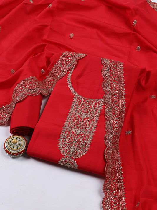 Neck Embroidered Chanderi Unstitched Suit Piece With Dupatta