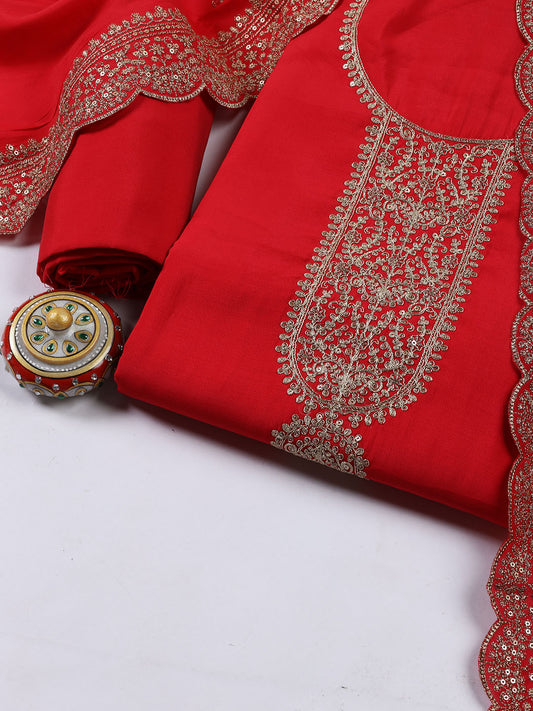 Neck Embroidered Chanderi Unstitched Suit Piece With Dupatta