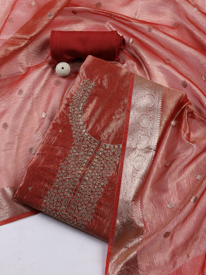 Neck Embroidered Tissue Unstitched Suit Piece With Dupatta