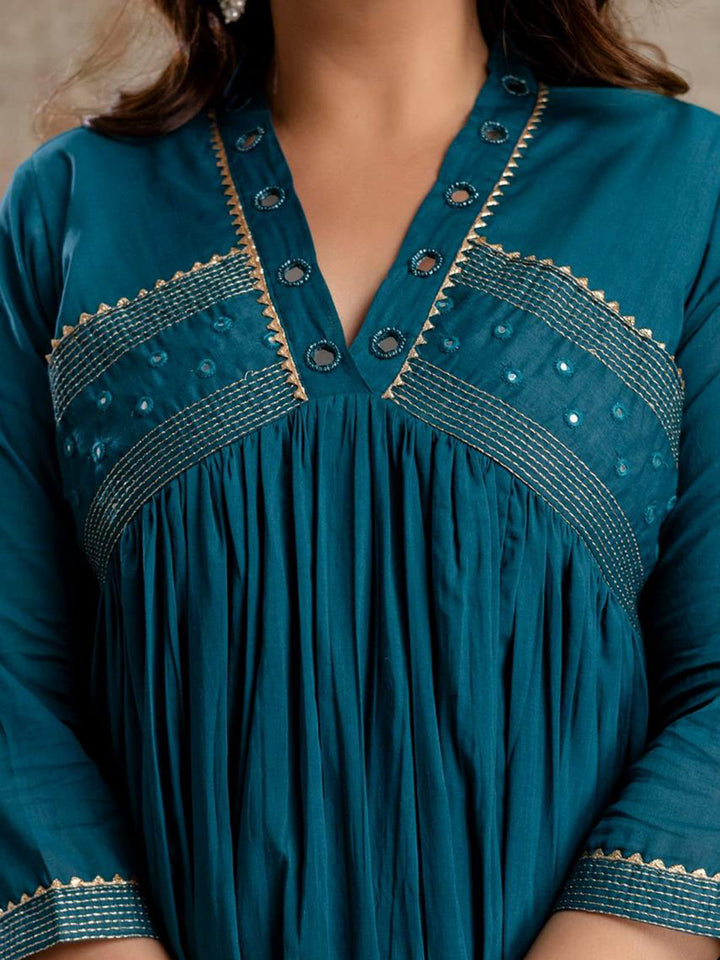 Blue Cotton Blend Embroidered Straight Suit Set