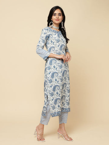 Paisley Printed Cotton Kurta With Pants & Dupatta