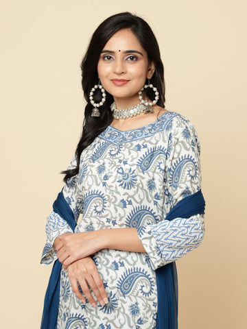 Paisley Printed Cotton Kurta With Pants & Dupatta