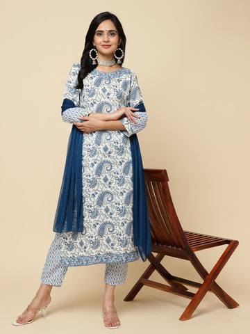 Paisley Printed Cotton Kurta With Pants & Dupatta