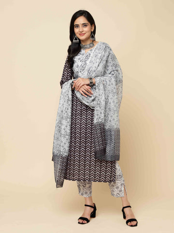 Floral Printed Cotton Kurta With Pants & Dupatta