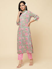 Floral Printed Cotton Kurta With Pants & Dupatta