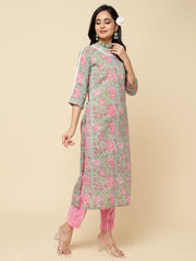 Floral Printed Cotton Kurta With Pants & Dupatta