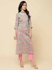 Floral Printed Cotton Kurta With Pants & Dupatta