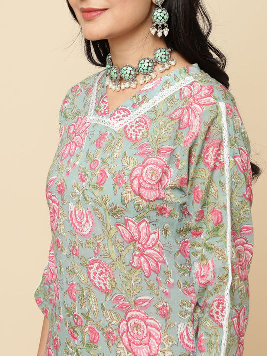 Floral Printed Cotton Kurta With Pants & Dupatta