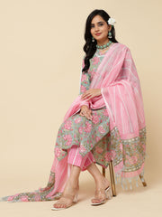 Floral Printed Cotton Kurta With Pants & Dupatta