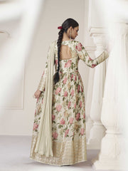 Floral Printed Art Silk Suit Set With Dupatta & Churidar