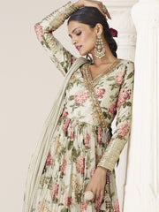 Floral Printed Art Silk Suit Set With Dupatta & Churidar