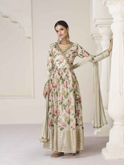 Floral Printed Art Silk Suit Set With Dupatta & Churidar