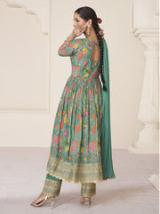 Floral Printed Art Silk Suit Set With Dupatta & Churidar