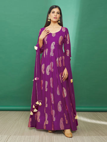 Paisley Printed Rayon Anarkali Kurta With Legging & Dupatta