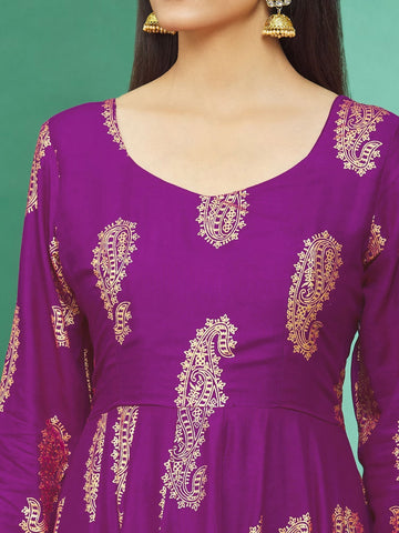 Paisley Printed Rayon Anarkali Kurta With Legging & Dupatta