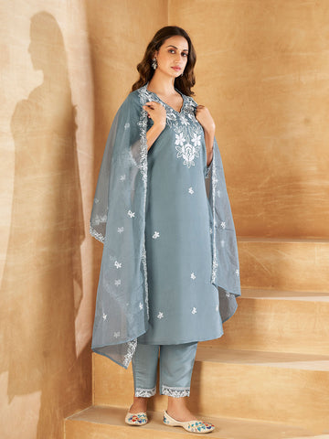 Neck Embroidery Muslin Kurta With Pants & Dupatta