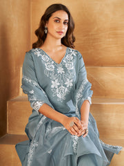 Neck Embroidery Muslin Kurta With Pants & Dupatta