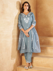 Neck Embroidery Muslin Kurta With Pants & Dupatta