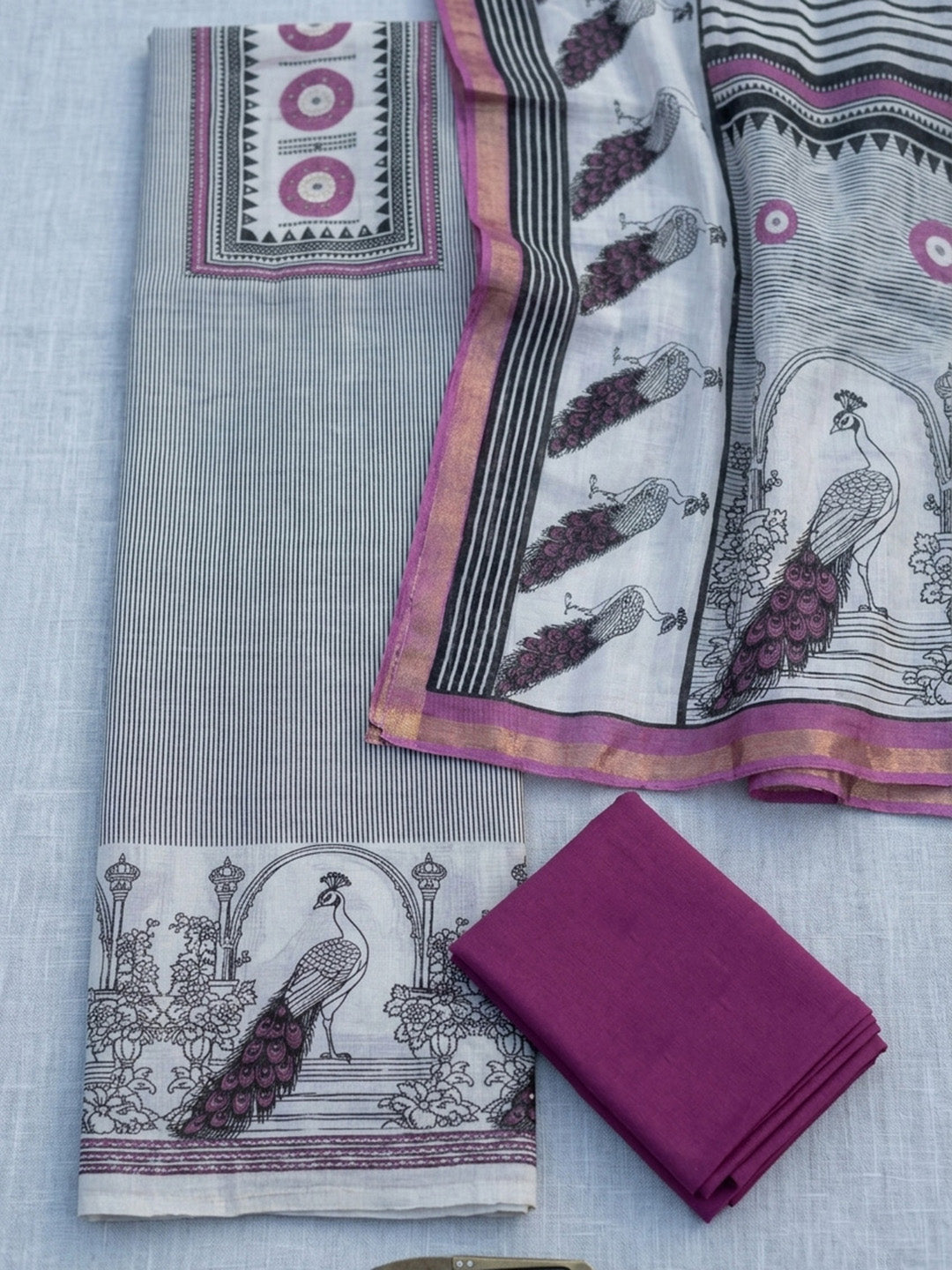 Embroidered Linen Blend Unstitched Suit With Pant &amp; Dupatta