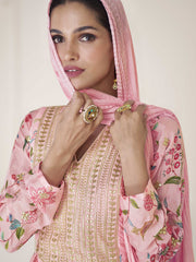 Floral Printed Art Silk Suit Set With Dupatta & Garara