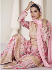 Floral Printed Art Silk Suit Set With Dupatta & Garara