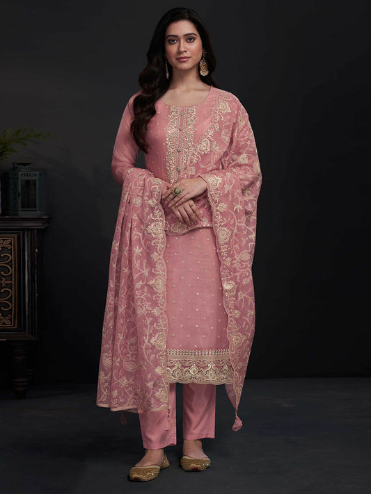 Resham Zari Work Organza Semi Stitched Suit