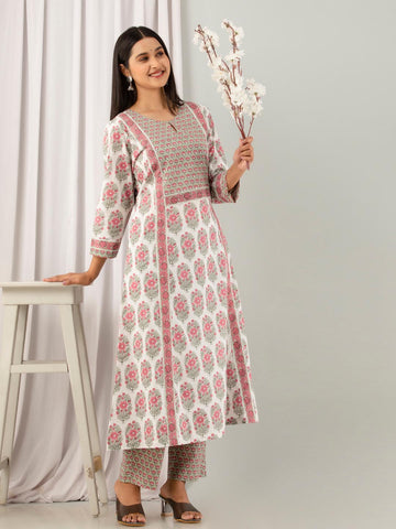 Floral Printed Round Neck Cotton Kurta With Pants