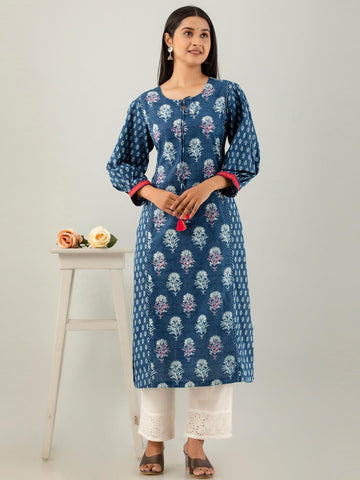 Blue Floral Printed Straight Cotton Kurta