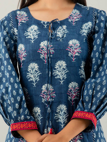 Blue Floral Printed Straight Cotton Kurta