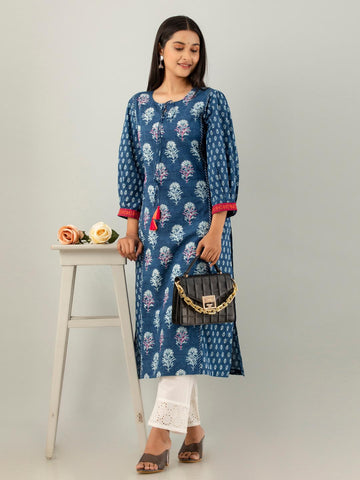 Blue Floral Printed Straight Cotton Kurta