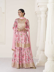 Floral Printed Art Silk Suit Set With Dupatta & Garara