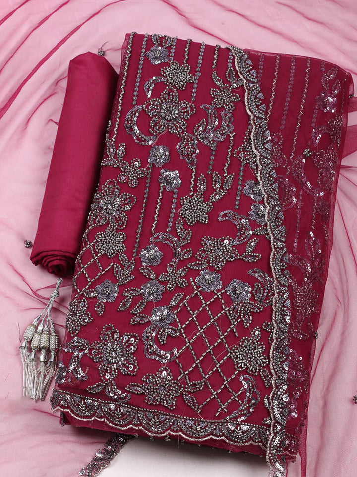 Embroidered Net Unstitched Suit With Pant &amp; Dupatta