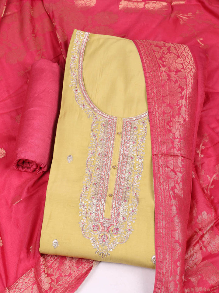 Embroidered Chanderi Mehndi Unstitched Suit With Pant &amp; Dupatta