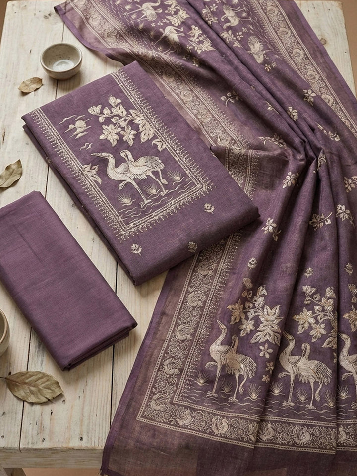 Printed Chanderi Unstitched Suit With Pant &amp; Dupatta